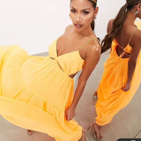 ASOS EDITION ruched gathered waist chiffon cami maxi dress in clementine 6 nwt - Picture 2 of 7